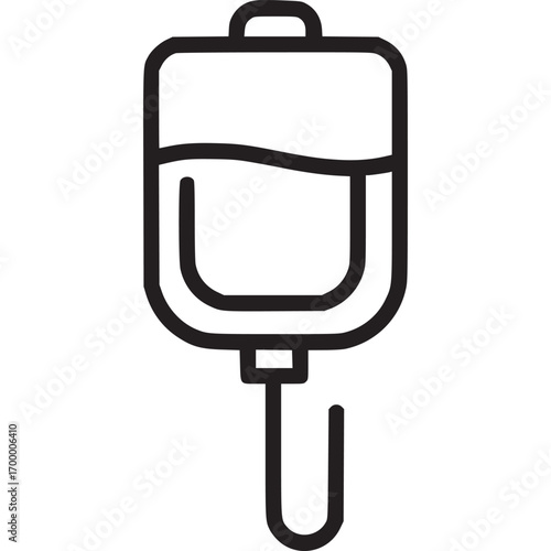 Minimalist line art illustration of an iv drip bag isolated on white background, representing medical treatment, intravenous therapy, and healthcare procedures for patient care