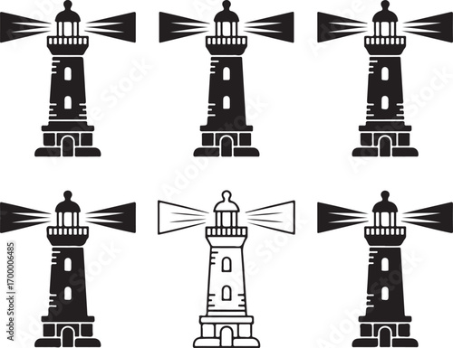 Beacon of the Sea Nautical Lighthouse Silhouettes with Shining Light Rays on Transparent Canvas