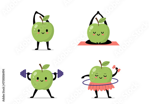 Healthy active apples doing yoga lifting weights and hula hooping for fitness
