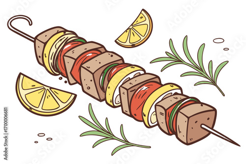 Delicious Skewer with Meat Lemon and Herbs.