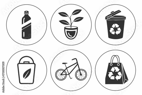 Ecofriendly lifestyle icons recycling nature transport.