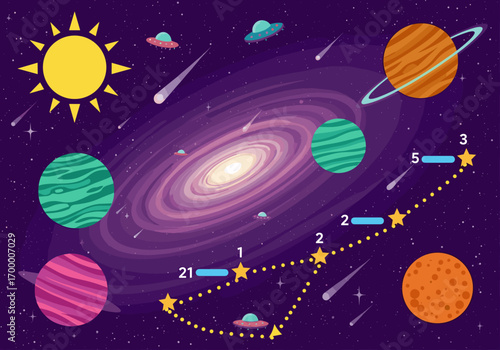 A colorful cosmic journey through outer space encountering planets stars and alien visitors