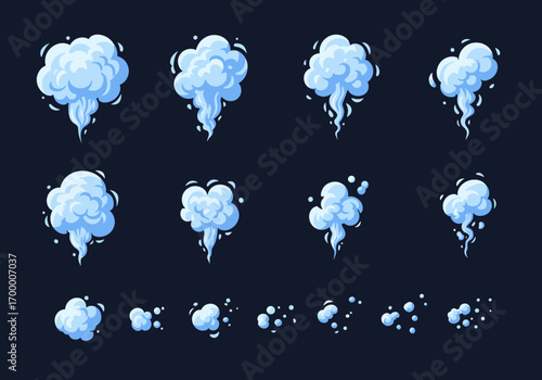 Collection of stylized cartoon smoke and steam cloud effects in different shapes and sizes for animation