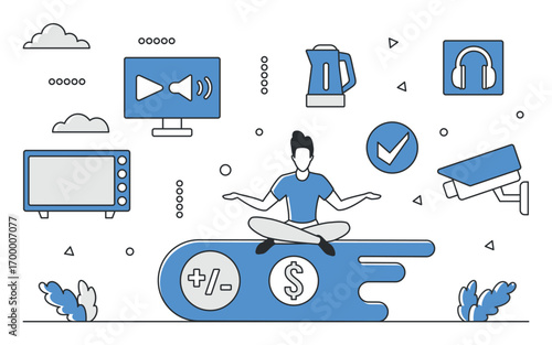 Person meditating among blue home appliances, electronics, and finance icons, representing smart spending and budget management, isolated on white background vector illustration