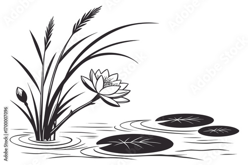 Elegant Black and White Water Lily and Reeds.