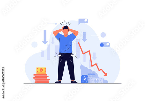 Illustration of financial crisis illustrating a person in distress with empty pockets and a falling stock market chart depicting economic downturn and loss of investment