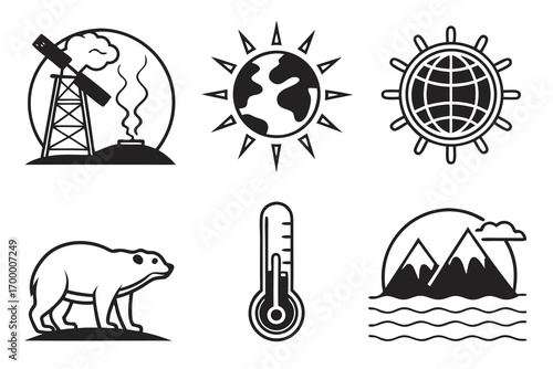 Environmental Icons Climate Change Pollution and Nature.