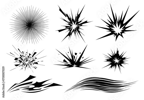 Collection of diverse explosive burst and dynamic abstract graphic elements for design projects