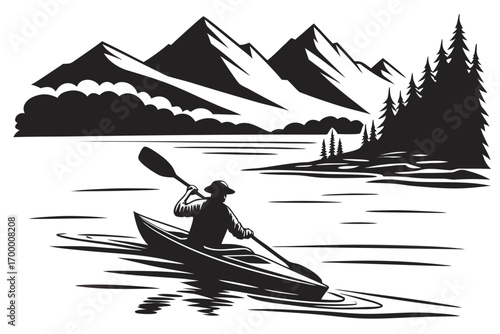 Kayaker Paddling on Serene Lake with Mountain Backdrop.