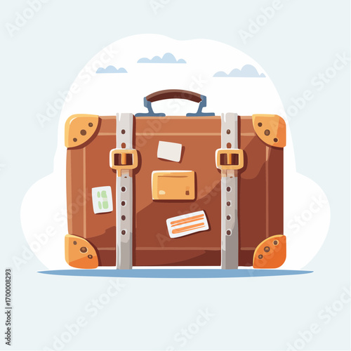 Pixel Art Brown Suitcase With Travel Stickers On Light Blue Background