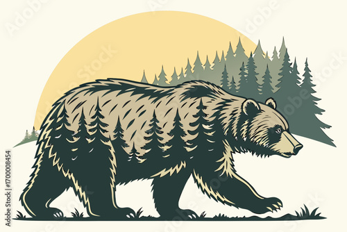Majestic Bear Walking Through Pine Forest Landscape.