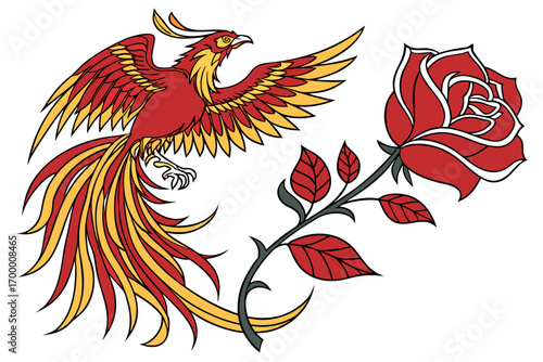 Majestic Phoenix Bird and Red Rose Illustration.