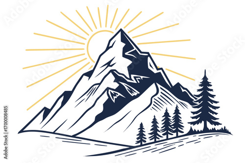 Majestic Mountain Peak Sunrise Over Pine Forest.