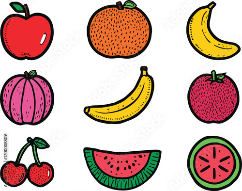 Collection of nine colorful hand-drawn fruits on a white background