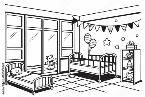 Nursery Room with Two Cribs and Toys.