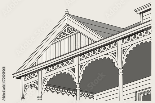 Ornate Victorian Veranda Architectural Detail Illustration.
