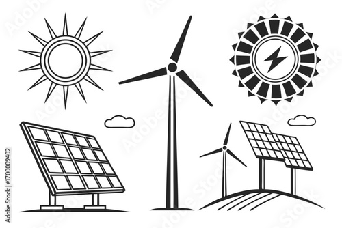 Renewable Energy Sources Icons Sun Wind Solar Panels.