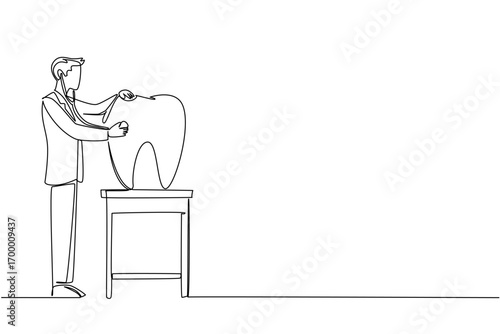 A single line drawing of a male dentist examining a large tooth on a table with a stethoscope, symbolizing dental checkups for National I Love My Dentist Day in a health concept.