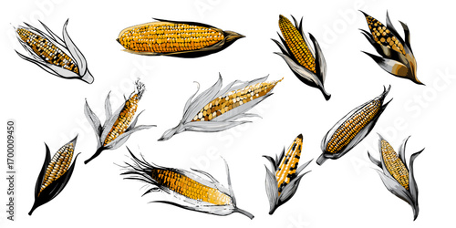 Various corn cobs in different orientations and patterns on white background  