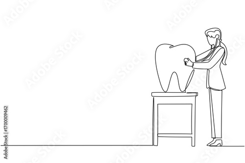 A one line drawing of a female dentist examining a large tooth on a table with a stethoscope, representing dental care dedication for National I Love My Dentist Day in a health concept.