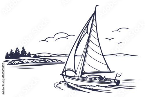 Sailboat Gliding on Water with Scenic Landscape.