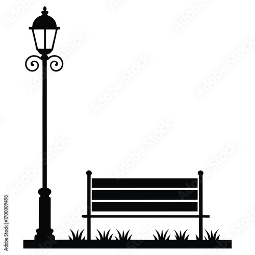 Silhouette of a park bench and a decorative lamppost with grass on a white background Keywords: park bench, lamppost, street light, silhouette, black