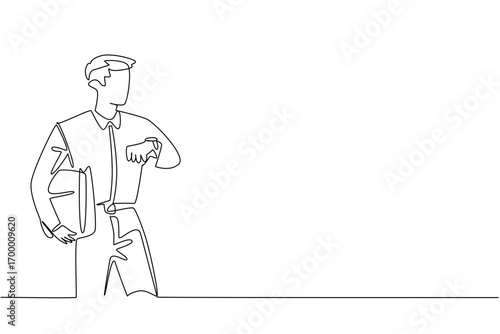 Continuous line drawing of a young businessman holding a briefcase and checking his watch, representing a business concept for National Punctuality Day, emphasizing time management and professionalism