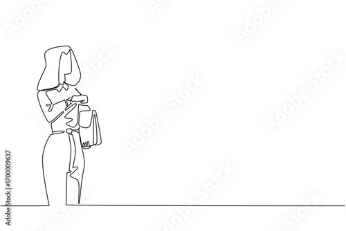 continuous line drawing of a young businesswoman holding a handbag and checking her watch, themed for National Punctuality Day to represent professionalism and effective time management