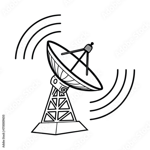 Flat Vector Satellite Dish Icon Pointing Upward, Minimal Communication Illustration, Modern Technology and Signal Design
