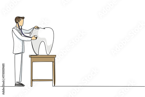 Single line drawing of toothpaste holding a toothbrush beside a smiling tooth with arms, promoting oral hygiene in health concept for National I Love My Dentist Day.