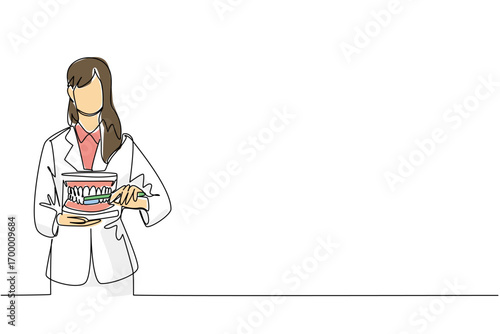 Single line drawing of a female dentist demonstrating proper brushing on a dental model, symbolizing oral hygiene in health concept for National I Love My Dentist Day.
