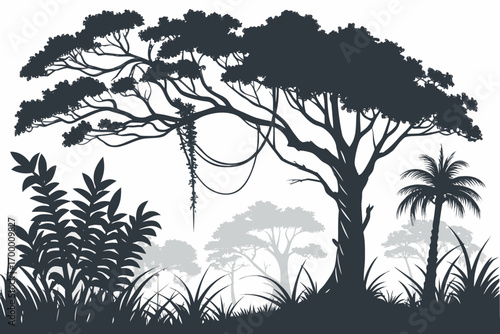 Silhouette of lush jungle trees and foliage.