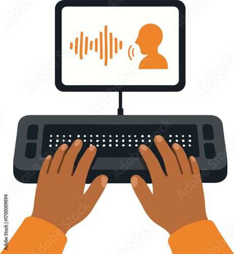 Student using a braille display with a synced audio description on tablet closeup on hands illustration