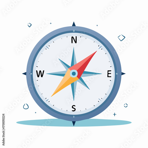 Blue Compass With Red And Orange Needle On White Background