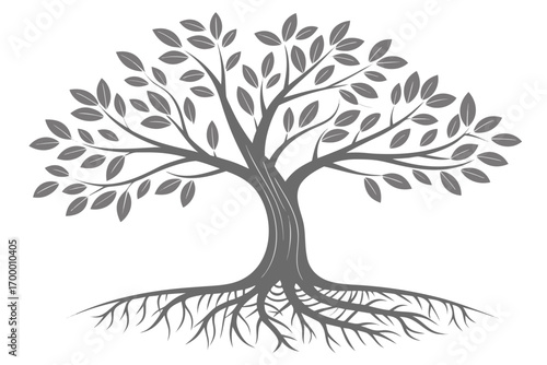 Stylized Tree with Visible Roots and Leaves.