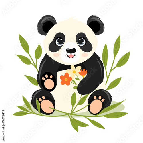 Cute panda vector illustration. Bear sitting in bamboo leaves. Perfect design for kids, nursery prints, stickers, greeting cards and animal themed projects. 