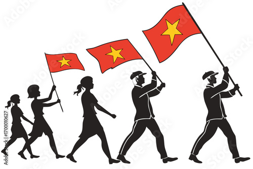 Vietnamese People Marching with National Flag.