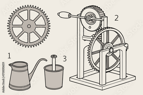 Vintage Butter Churn Mechanism and Tools Illustration.