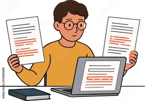 Student comparing two versions of an essay with AI redline highlights beside each paragraph illustration
