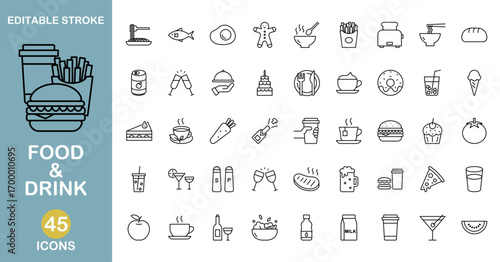 Food and Drink Icon Set – Restaurant, Meal, Fast Food, Dessert, Coffee, Alcohol. Editable stroke. Vector illustration.