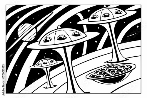 Whimsical Alien Spaceships and Planets in Outer Space.