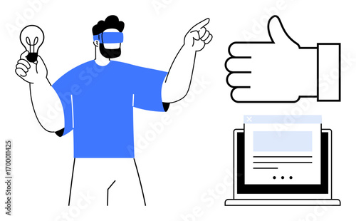 Man wearing VR headset holding a light bulb while pointing, beside a laptop with a webpage and thumbs-up icon. Ideal for technology, innovation, creativity, virtual reality, ideas, digital solutions