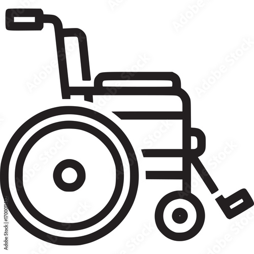 A black wheelchair isolated on white background, symbolizing accessibility, mobility, and support for individuals with disabilities in a clean and modern design