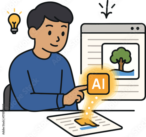 Student using AI to generate mnemonic images one hand dragging an image into a note illustration