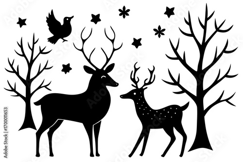 Deer walking in snowy forest, silhouette  vector illustration