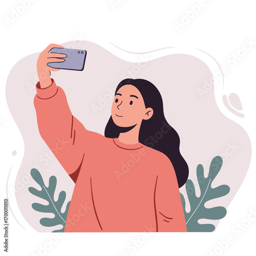 Young woman taking a selfie in casual sweater with plants background  