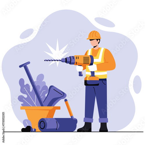 Construction worker using electric drill with tools in background  