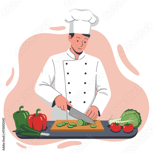 Chef chopping vegetables on wooden board in kitchen environment  