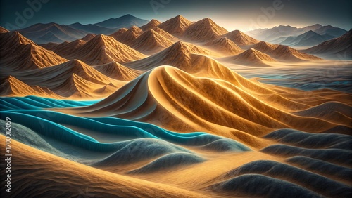 Golden Desert Dunes at Sunrise:  Abstract Teal Accents, Serene Landscape, Artistic Render.