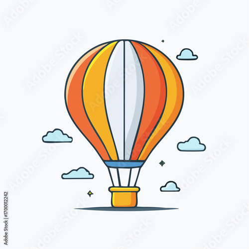 Orange And Yellow Hot Air Balloon With Clouds In Cartoon Style
